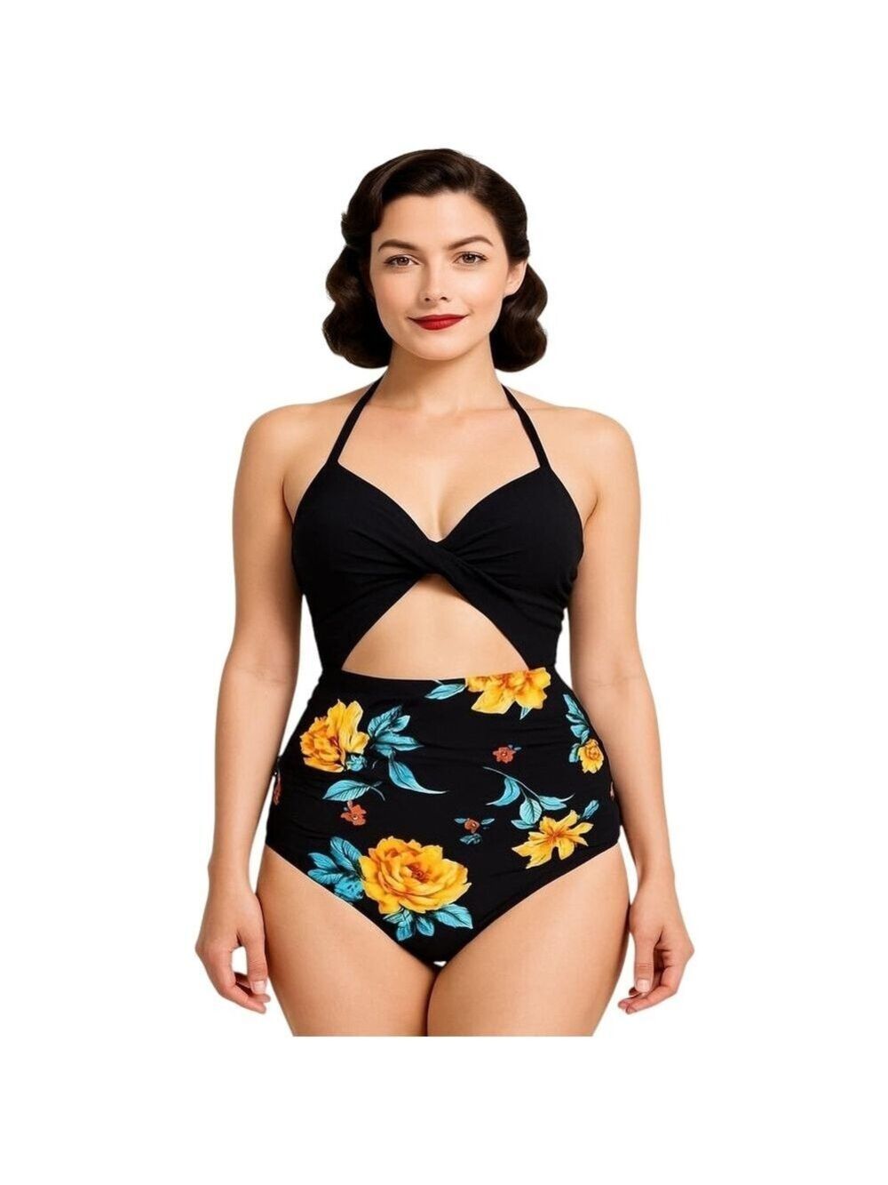 Cupshe Black Orange Floral Halter Tummy Control Cut Out One Piece Swimsuit L